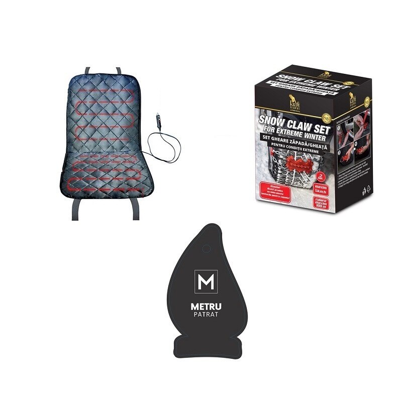 Pachet auto de iarna: Husa auto cu incalzire 12V Neagra+gheare auto zapada + Odorizant Metru Patrat CADOU