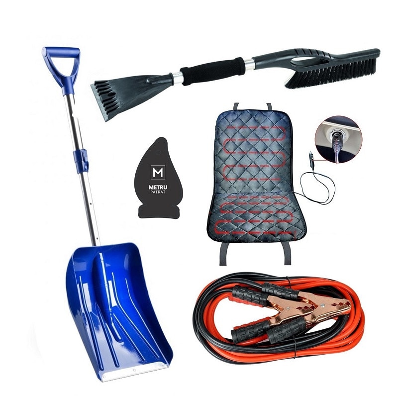 Pachet auto de iarna: Cabluri curent baterie 200 A + husa auto cu incalzire 12V neagra + perie si curatator gheata, 50cm, soft grip + lopata pentru zapada 16,3x30 cm cu maner telescopic 68-87 cm + odorizant Metru Patrat CADOU