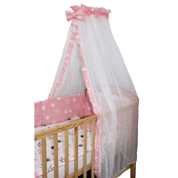 Lenjerie 2 fete, 6 piese, coronite Princess roz, cu baldachin, 140 x 70 cm Lenjerie 2 fete, 6 piese, coronite Princess roz, cu baldachin, 140 x 70 cm