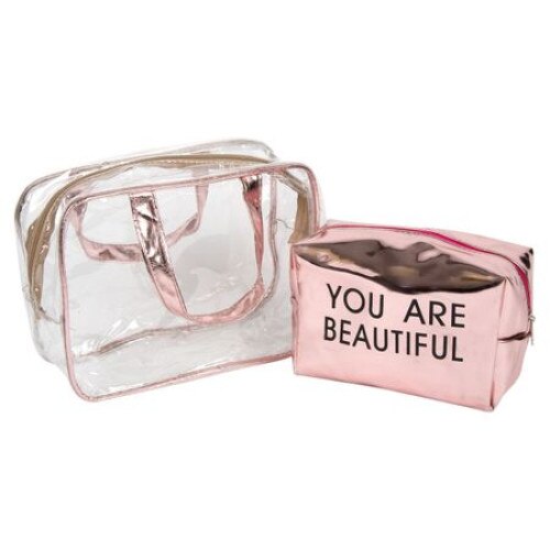 Set gentuta + portfard iMK® pentru cosmetice, Inchidere cu fermoar, Incapatoare, Roz
