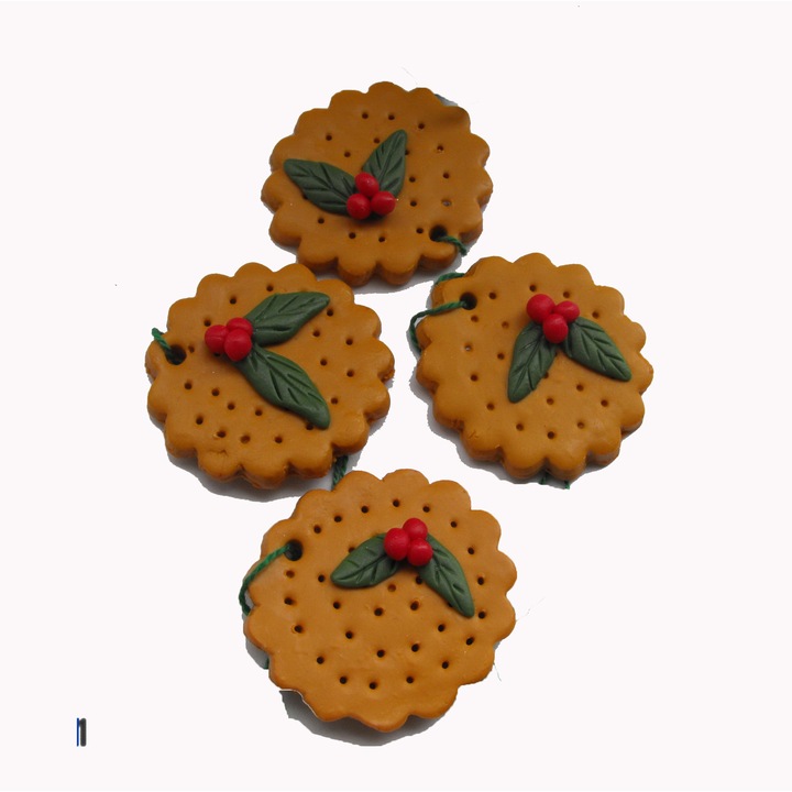 Biscuitii veseli 1, set decoratiuni de Craciun, 4buc/set, rotunzi, HandMade