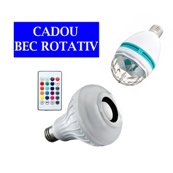 Bec Bluetooth cu Difuzor, Jocuri de Lumini si Telecomanda + CADOU Bec Rotativ Cu Efect Disco Bec Bluetooth cu Difuzor, Jocuri de Lumini si Telecomanda + CADOU Bec Rotativ Cu Efect Disco