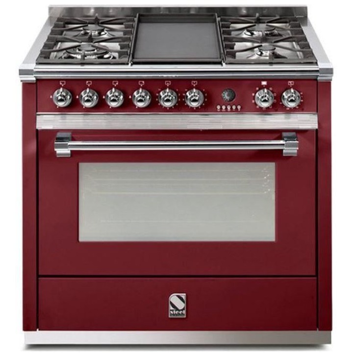 Aragaz Steel Ascot, 90X60cm, 6 arzatoare, cuptor electric multifunctional, timer, aprindere electronica, visiniu