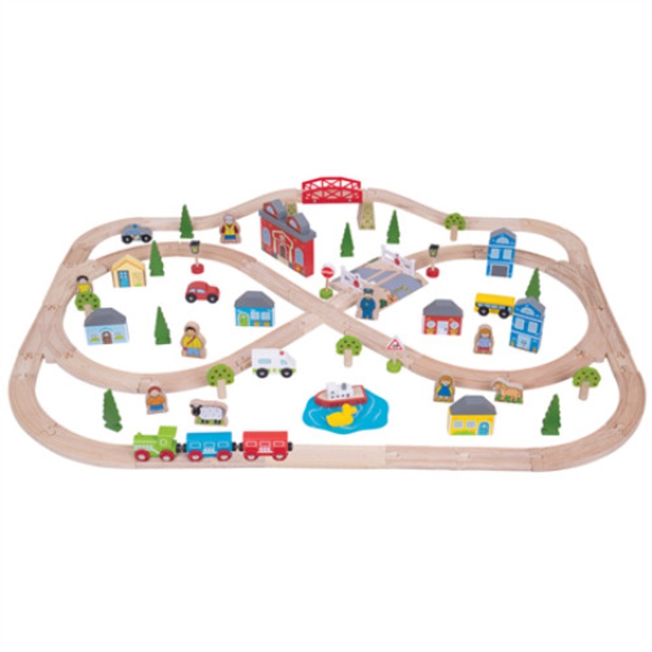 Комплект влакче с релси Town and Country Bigjigs Toys,101 части, Многоцветен