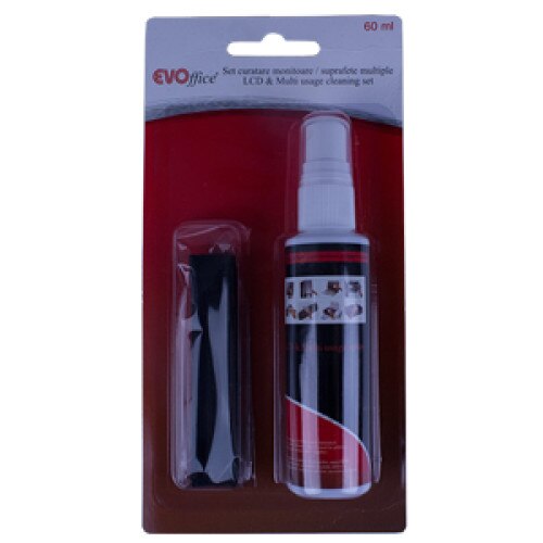 Set curatare monitoare / suprafete multiple, spray 60 ml si laveta microfibra EVOffice