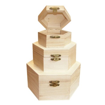 Set 3 cutii hexagonale din lemn, 16 x 16 x 8 cm Set 3 cutii hexagonale din lemn, 16 x 16 x 8 cm