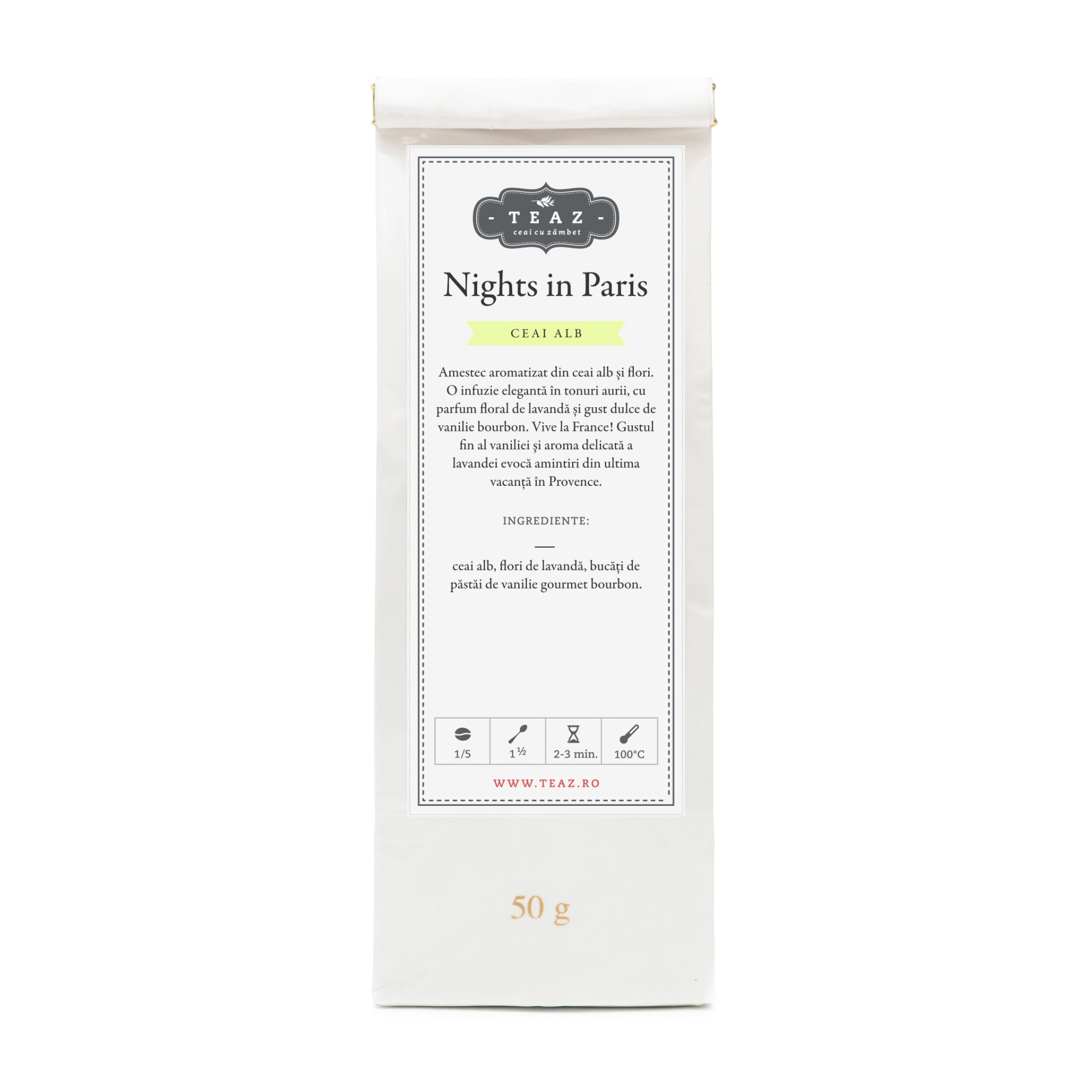 Ceai alb cu aroma de vanilie si lavanda Nights in Paris, Teaz, 50g