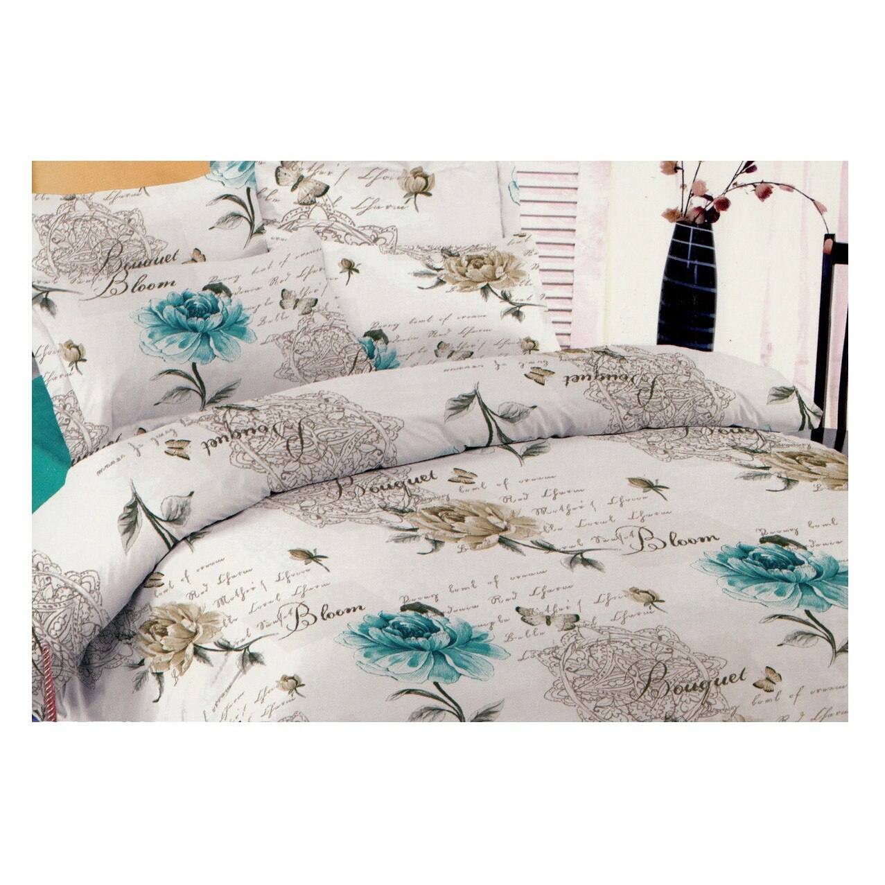Lenjerie de pat IDL Floral Blue pentru 2 persoane, 4 piese, 220x240, Confectionata din bumbac 100% pentru o calitate sporita, datorita texturii special create pentru a rezista uzurii