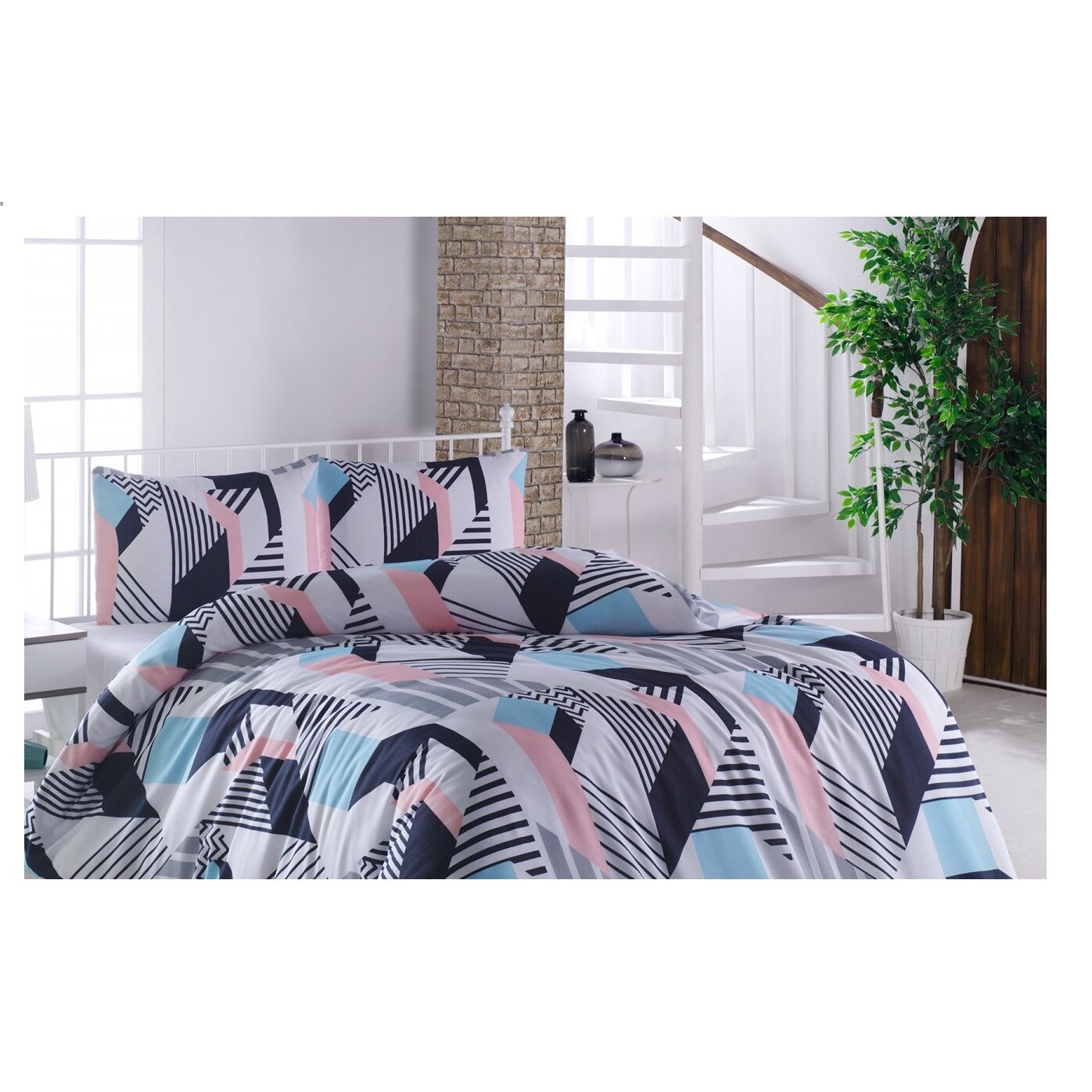 Lenjerie de pat IDL Pacific Geometrical pentru 2 persoane, 4 piese, 220x240, Confectionata din bumbac 100% pentru o calitate sporita, datorita texturii special create pentru a rezista uzurii