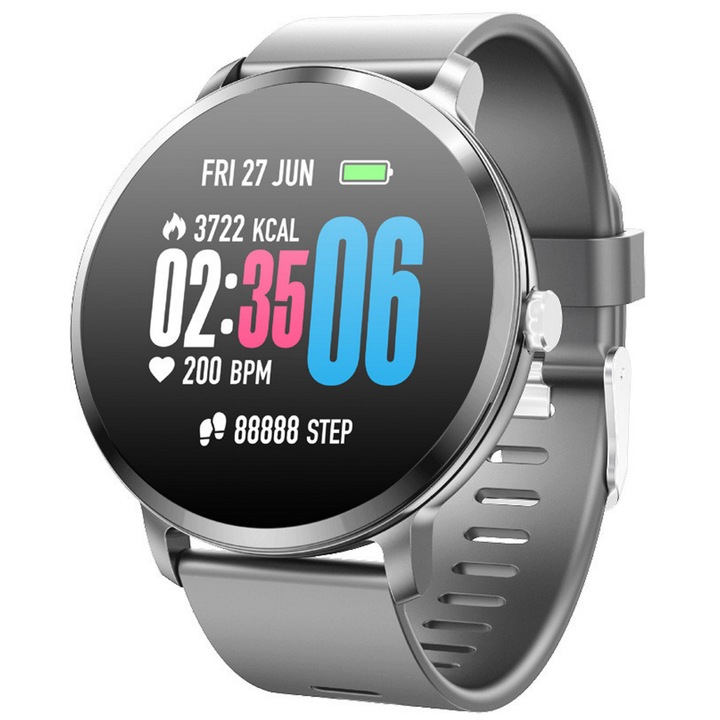 Ceas Smartwatch Sport Motion 11 2 in 1 , Display de 1.3" FULL Color OLED , Rezistenta Apa ip67, Ritm Cardiac , Tensiometru , Monitorizare Somn , Pedometru, Notificari SMS si Apeluri , Vremea , Curea Silicon Argintie