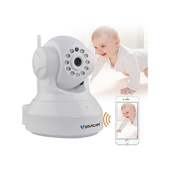Бебефон SR012 2018 система с телефонно приложение, Wi-Fi, 720P HD резолюция, Бял цвят, 90° зрителен ъгъл, Нощно виждане, Sony сензор за движение, Поддръжка на карта с памет, 2-посочен микрофон, Имейл известия