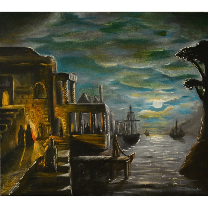 Tablou "Marble City", pictat manual, unicat, ulei pe canvas, 40 X 45 cm