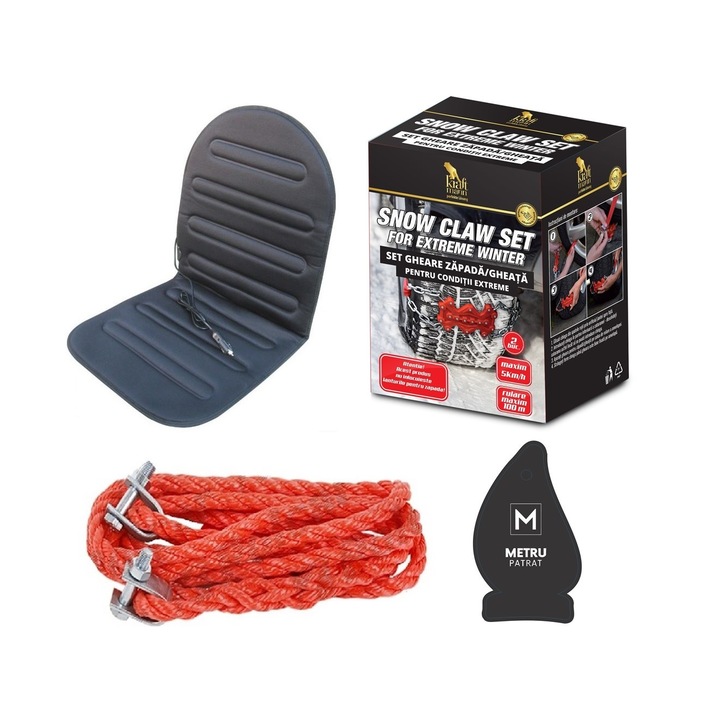 Pachet auto de iarna: husa auto cu incalzie premium + Franghie tractare 3,5 tone, 4 metri ( sufa stanga chinga) + gheare zapada pentru conditii extreme ( tip lanturi antiderapante ) + Odorizant Metru Patrat CADOU