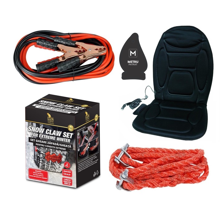Pachet auto de iarna: Husa auto cu incalzire si masaj cu telecomanda + franghie tractare 3,5 tone, 4 metri + gheare zapada conditii extreme (tip lanturi antiderapante) + cabluri curent baterie 400 A + odorizant Metru Patrat CADOU
