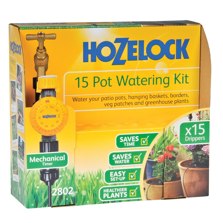 Комплект за капково поливане Hozelock, за 15 саксии, подходящ и за зеленчукови лехи, висящи кошници, оранжерийни растения