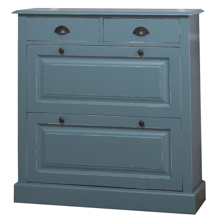 Pantofar cu 2 usi, 2 sertare, 2 straturi de culori antichizat, combinatie turcoaz/alb