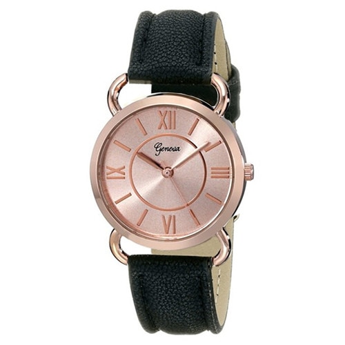 Ceas Dama Quartz Geneva Casual Elegant Rosegold-negru, CP9720RNU, curea din piele, afisaj analog