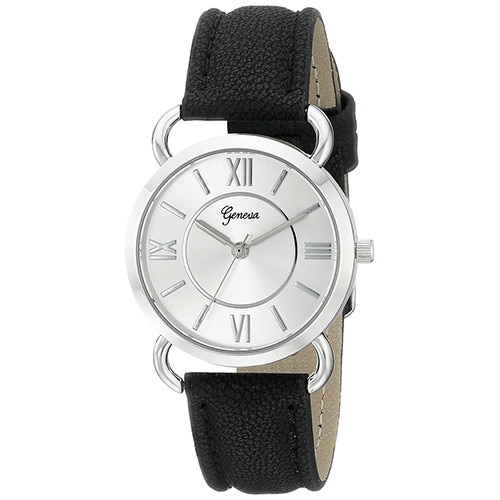 Ceas Dama Quartz Geneva Casual Elegant Silver-negru, CP9720SNU, curea din piele, afisaj analog