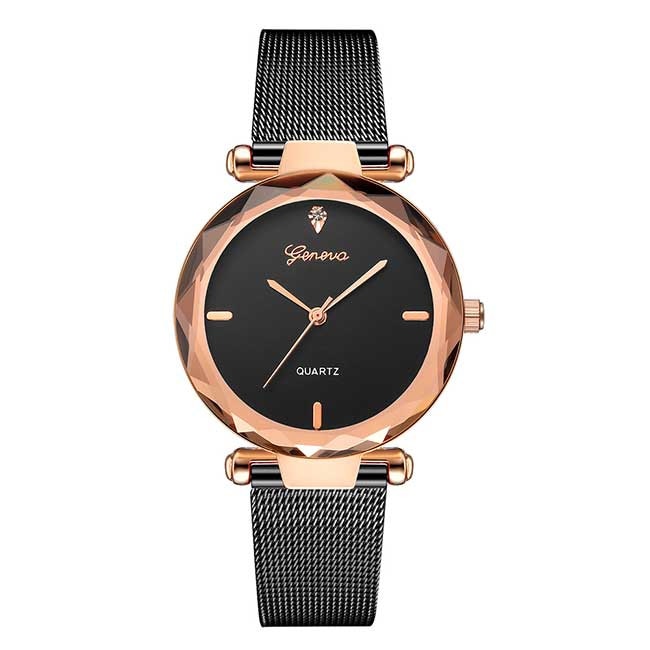 Ceas Dama Quartz Geneva Casual Elegant Negru-rose, CP99253NRE, curea din metal (mesh), afisaj analog