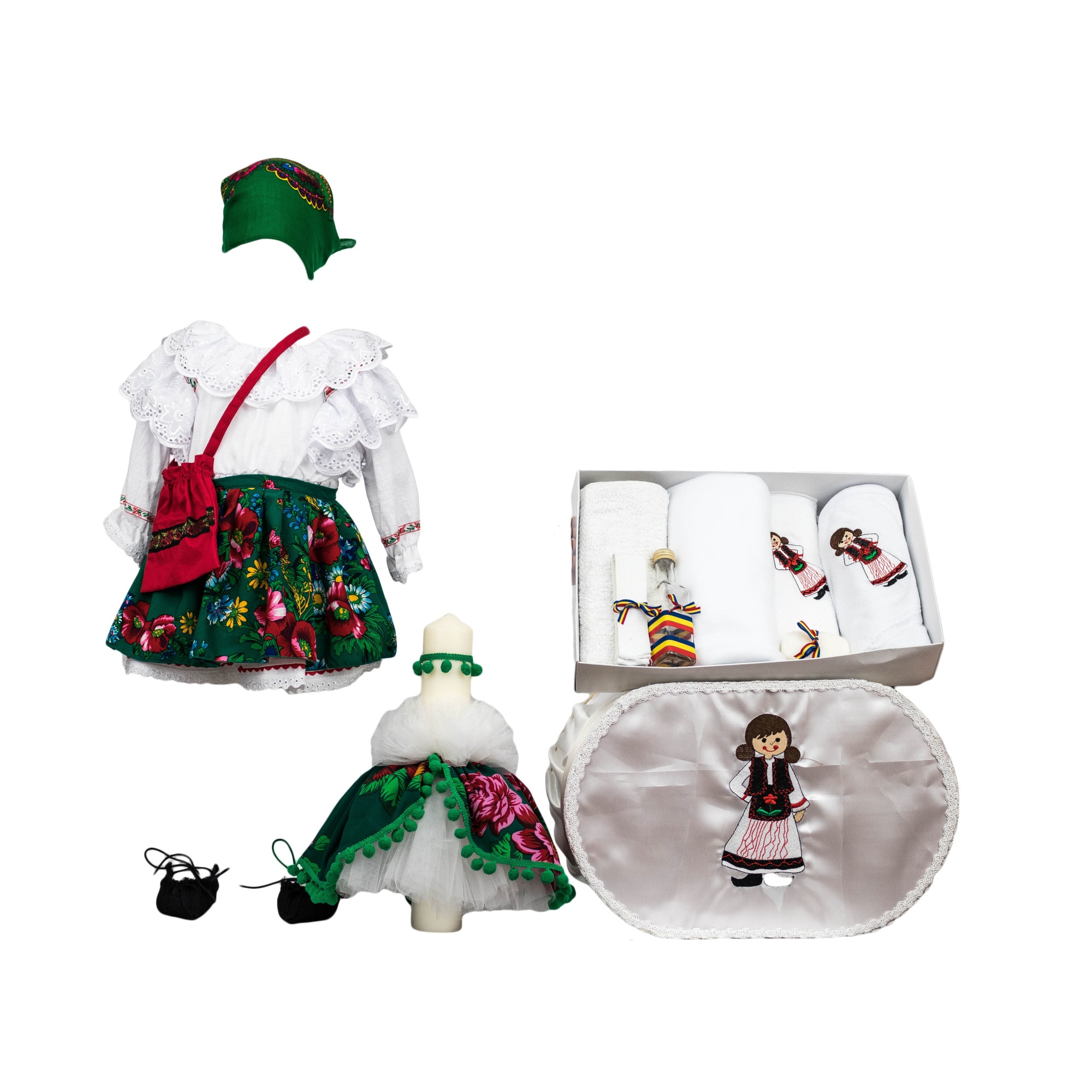 Set traditional Mariuca patru piese, motive multicolore verzi, varsta 0-3 luni