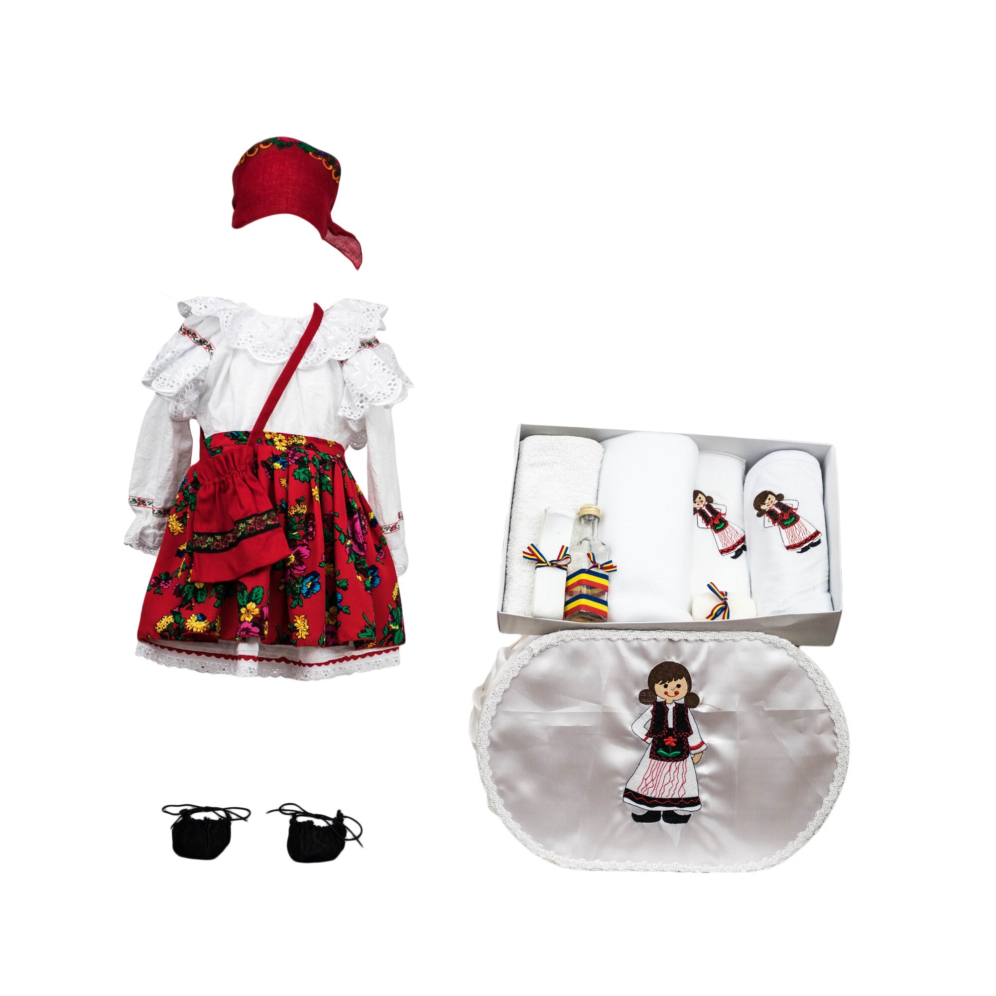 Set botez traditional Mariuca trei piese, motive multicolore rosii, varsta 6-9 luni