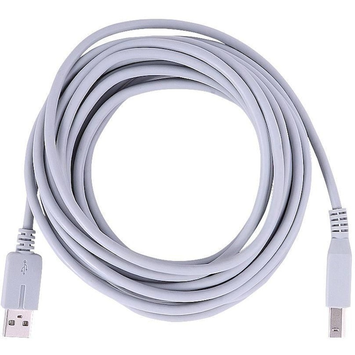 Cablu pentru imprimanta USB A - USB B, lungime 5 m, ecranat cu bobina de ferita antiparaziti, ambalaj individual, culoare alb