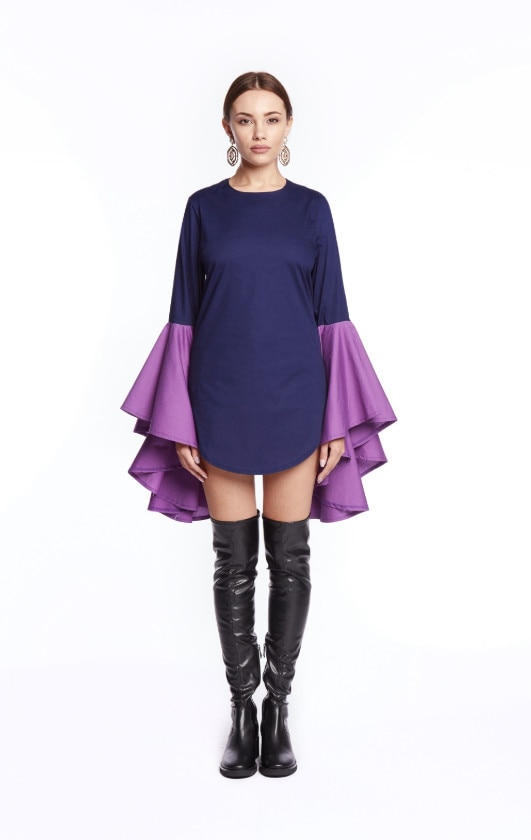 Camasa din puplin, OUIMEHNON, bleumarin cu maneci mov,bleumarin, S EU