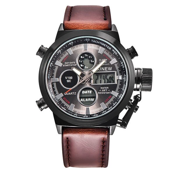 Ceas XINEW Barbatesc Quartz Casual Elegant Maro, PN999881MO, curea din piele, afisaj Hibrid