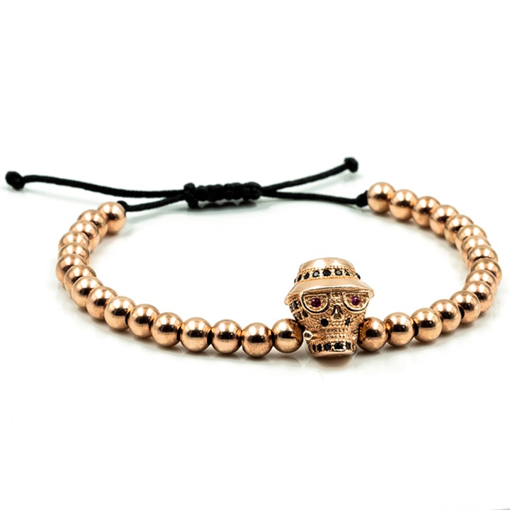 Bratara barbati argint Greta Otto-Gold Skull, Rose Gold, ajustabila, handmade, cutie personalizata