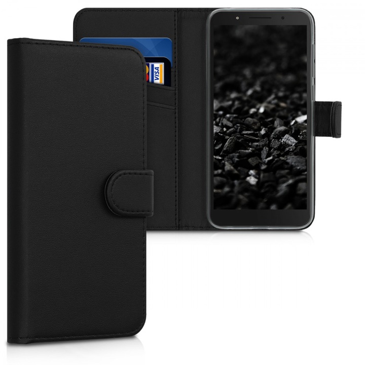 Калъф за телефон kwmobile за Alcatel 1C, изкуствена кожа, с отделение за карти, черен