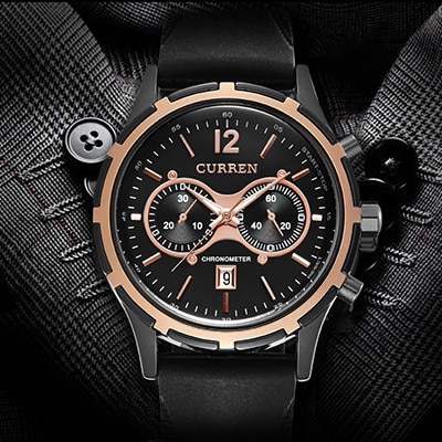 Ceas Barbatesc Quartz Curren Casual Elegant Rosegold-negru, CP9740RNU, curea din silicon, afisaj analog