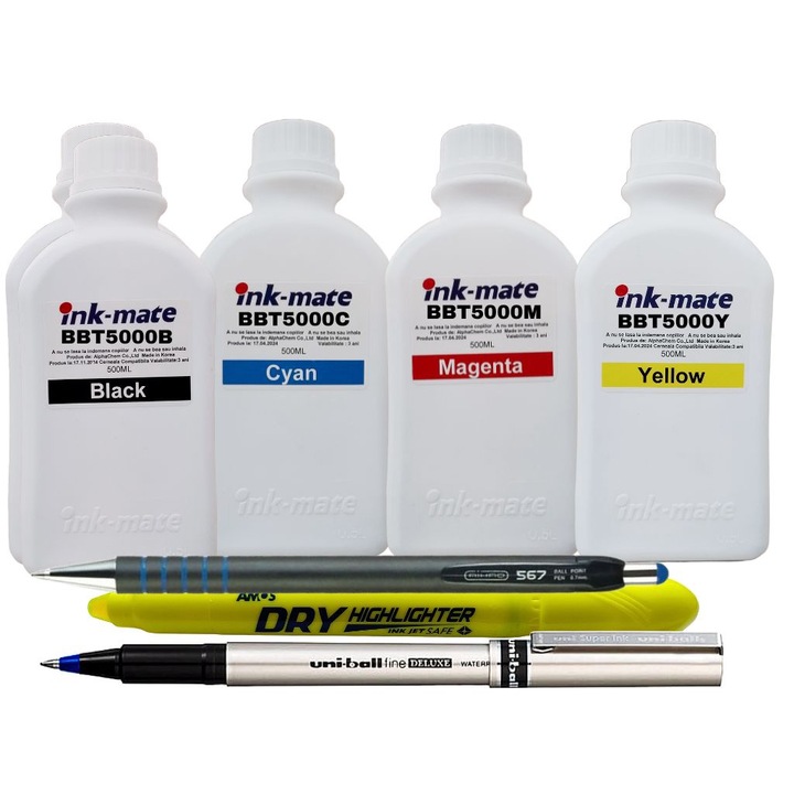 Set Cerneala Ink-Mate Compatibil Brother 2x500ml BTD60BK, 1x500ml BT5000C, 1x500ml BT5000M, 1x500ml BT5000Y + RollerDeLuxe, Pix CNX567 si Textmarker Non Toxic