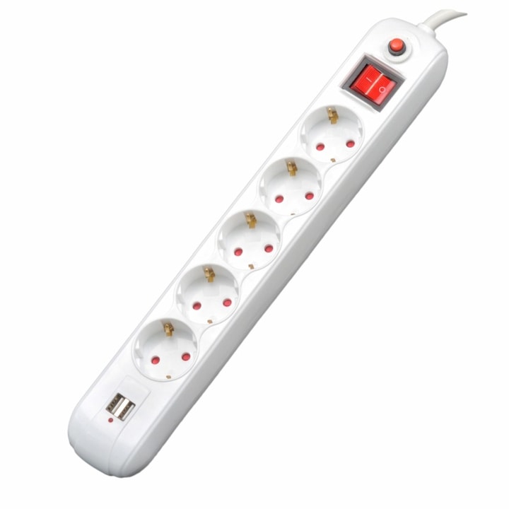 SPACER Externsion elosztó, 5 Schuko / 2 USB csatlakozó, 1.8 m, 16 A, kapcsolóval, biztonságos, fehér