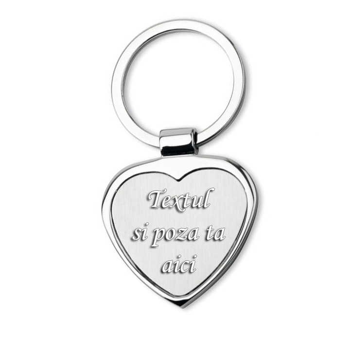 Breloc metalic in forma de inima gravat personalizat cu poza si textul tau