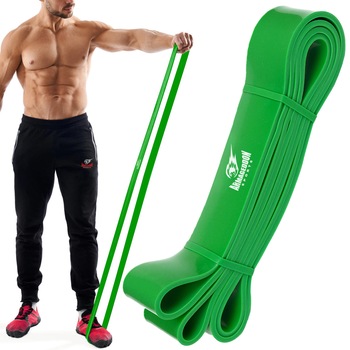 Banda Fitness elastica de cauciuc pentru exercitii, antrenament, Rezistenta Pentru Forta, Coordonare, Mobilitate, Stretching Armageddon Sports, Power Band Green, Verde, 208x4.5x0.45cm, Rezistenta 20-50 kg Banda Fitness elastica de cauciuc pentru exercitii, antrenament, Rezistenta Pentru Forta, Coordonare, Mobilitate, Stretching Armageddon Sports, Power Band Green, Verde, 208x4.5x0.45cm, Rezistenta 20-50 kg