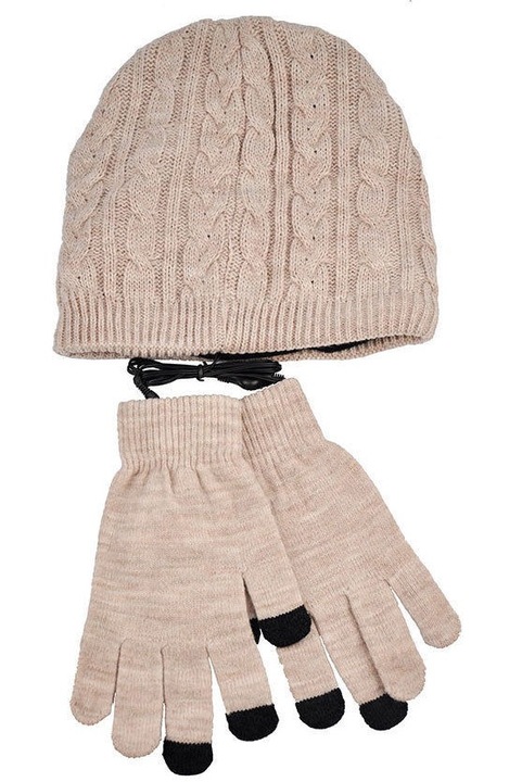 Set caciula si manusi Touchscreen pentru ecran tactil, casti incorporate in caciula, marime universala, crem, Vivo