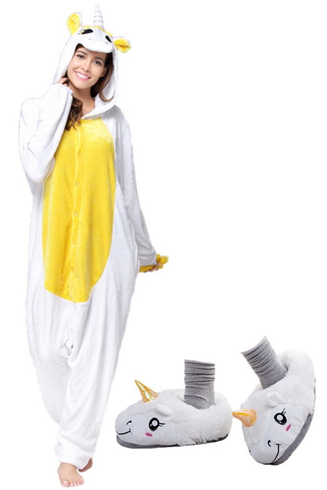 Custodian scald pupil Set pijama kigurumi + papuci de casa, model unicorn, alb/galben, S/M -  eMAG.ro