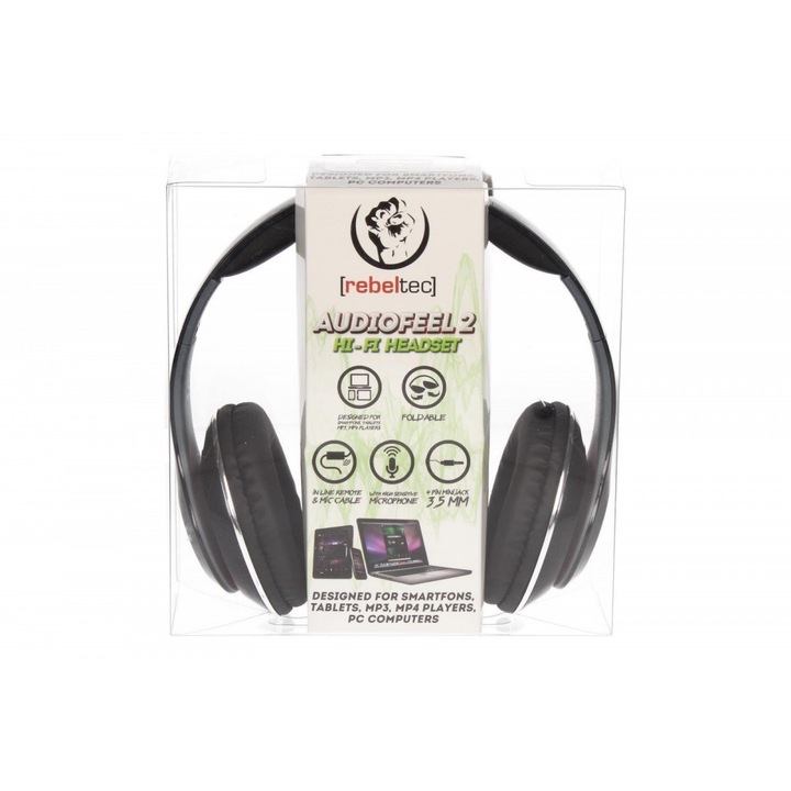Sztereó fejhallgató mikrofonnal Rebeltec AUDIOFEEL 2, Kábel hossza 1,6 m, fekete