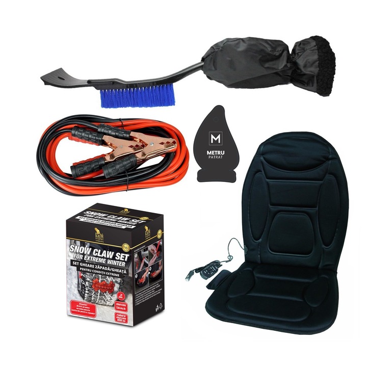 Pachet auto de iarna: Cabluri curent baterie 400 A + husa auto cu incalzire si masaj cu telecomanda + perie cu manusa si racleta gheata,55cm + gheare zapada conditii extreme (tip lanturi antiderapante) + odorizant Metru Patrat CADOU