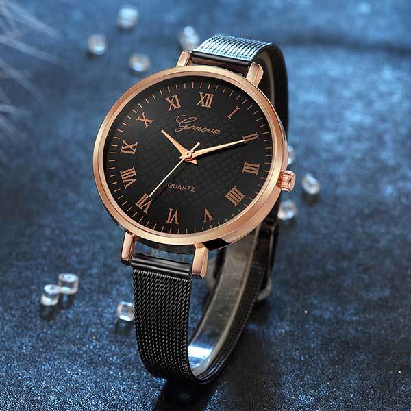 Ceas Dama Quartz Geneva Casual Elegant Negru-rose, CP99300NRE, curea din metal (mesh), afisaj analog