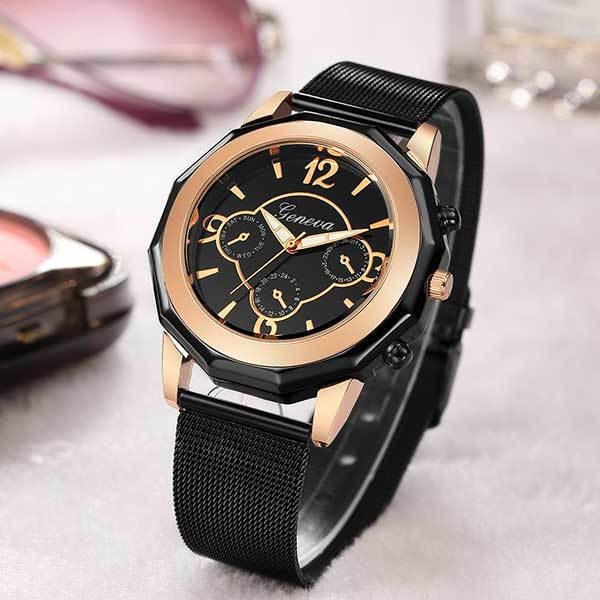 Ceas Unisex Quartz Geneva Casual Elegant Negru-rose, CP99434NRE, curea din metal (mesh), afisaj analog