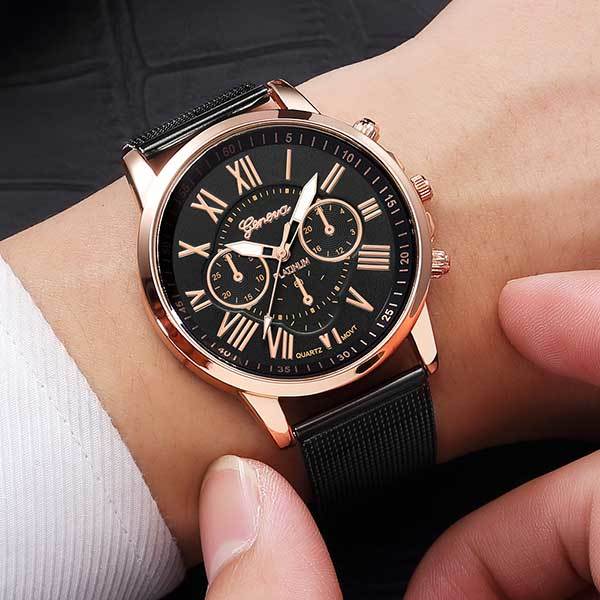 Ceas Unisex Quartz Geneva Casual Elegant Negru-rose, CP99437NRE, curea din metal (mesh), afisaj analog