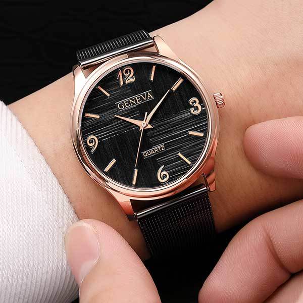 Ceas Unisex Quartz Geneva Casual Elegant Negru-rose, CP99428NRE, curea din metal (mesh), afisaj analog