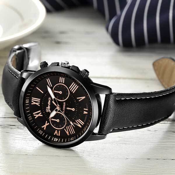 Ceas Unisex Quartz Geneva Casual Elegant Negru-rose, CP99438NRE, curea din piele, afisaj analog