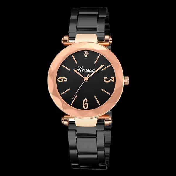 Ceas Dama Quartz Geneva Casual Elegant Negru-rose, CP9452NRE, curea din metal (zale), afisaj analog
