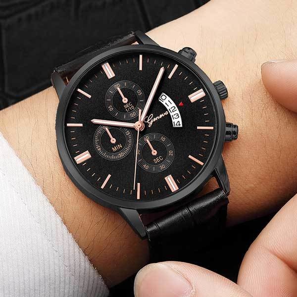 Ceas Unisex Quartz Geneva Casual Elegant Negru-rose, CP99220NRE, curea din piele, afisaj analog