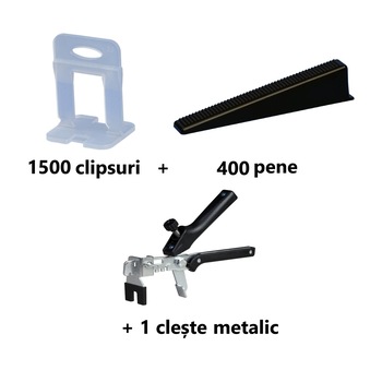 Pachet nivelare gresie CONFORT 15 - 1500 clipsuri 1 mm, 400 pene, 1 cleste metalic Pachet nivelare gresie CONFORT 15 - 1500 clipsuri 1 mm, 400 pene, 1 cleste metalic