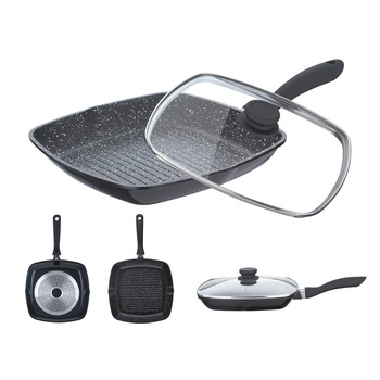 Tigaie Grill Bohmann, 28x28x4.3 cm, inductie, interior exterior Marble, cu capac sticla, negru Tigaie Grill Bohmann, 28x28x4.3 cm, inductie, interior exterior Marble, cu capac sticla, negru