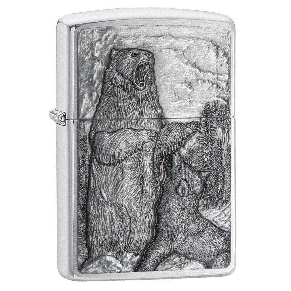 Bricheta Zippo Brushed Chrome Emblem Attached Bear vs. Wolf
