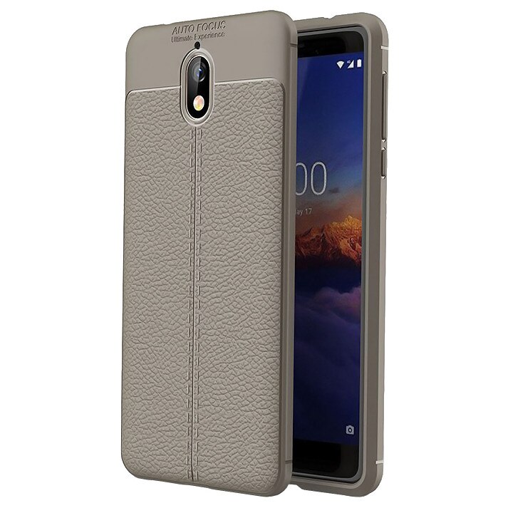 Husa slim AUTOFOCUS pentru Nokia 3.1 din silicon TPU cu model piele, gri